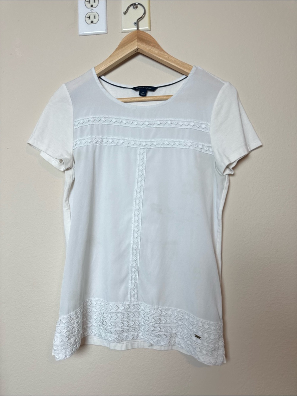 Tommy Hilfiger White Short-Sleeve Lace-Trim Blouse